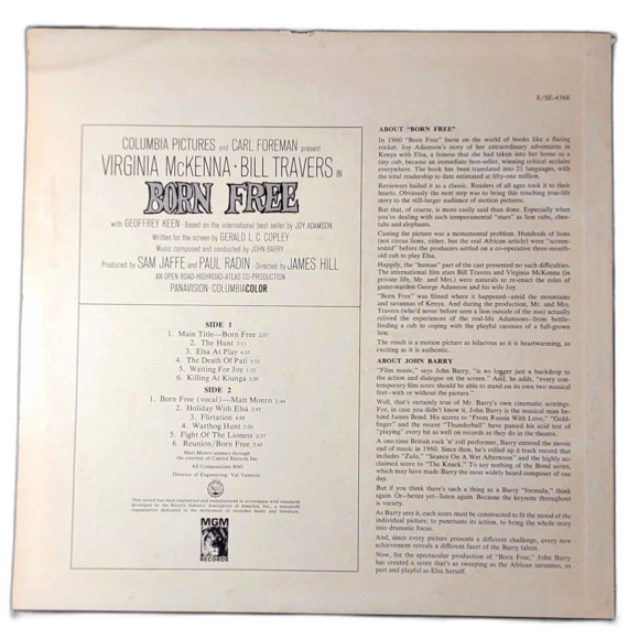 John Barry LP Born Free (Original Soundtrack) on MGM VG/VG '66 Stereo - Picture 2 of 4